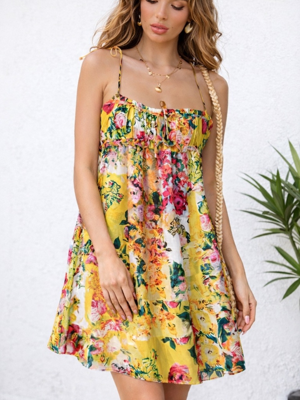 Floral Summer Sundress Yellow Mini Dress Spaghetti Strap Vacation Cottagecore